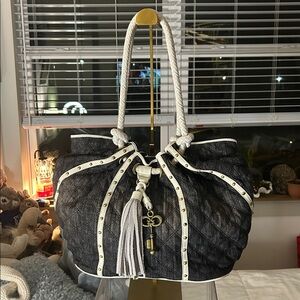 Sharif Black Denim Quilted Tote Bag 17”x 10”with White Rope & Gold Hardware NWOT